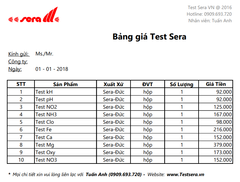 Bảng giá Test Sera 2018